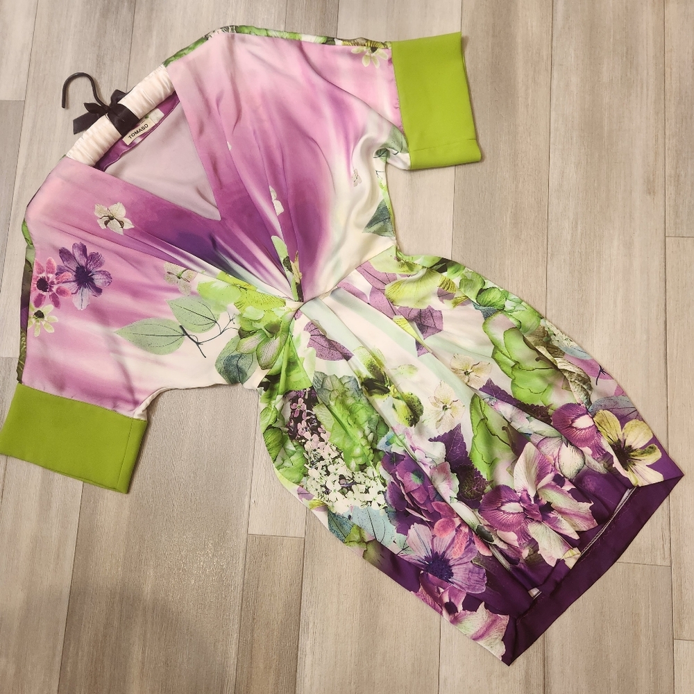 Kimono dress women's 6 floral green purple pink wrap tunic mini Made in Italy - Picture 5 of 13